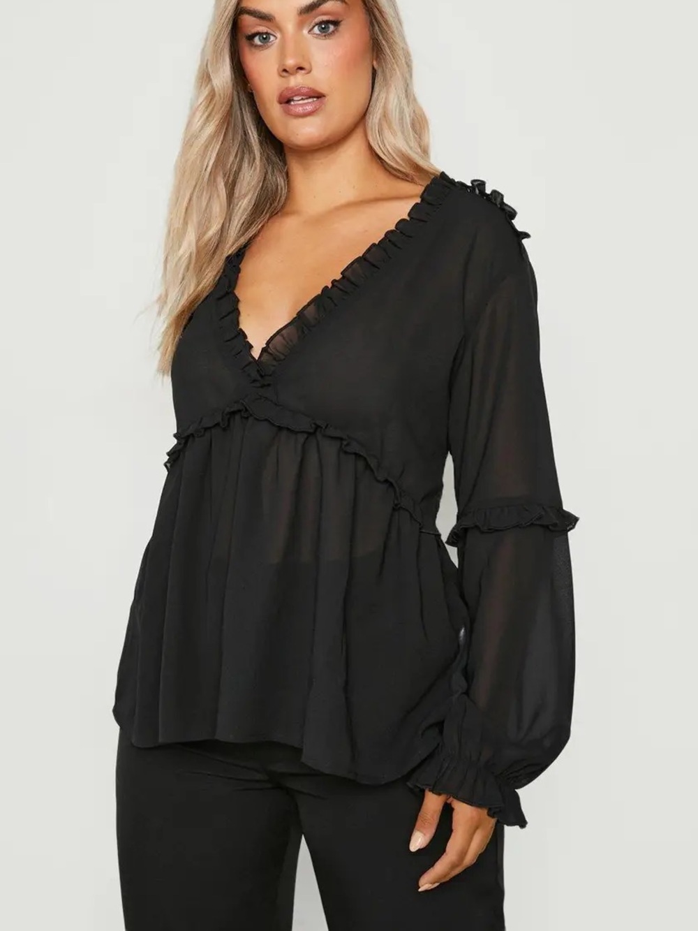 Boohoo Black Sheer Ruffle V-Neck Blouse